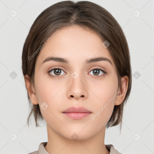 Neutral white young-adult female with medium  brown hair and brown eyes