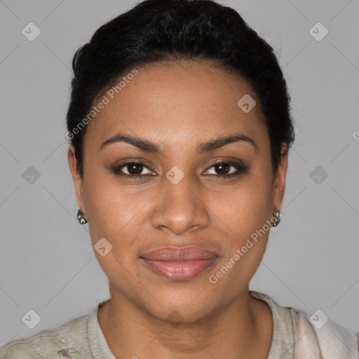 Joyful black young-adult female with short  brown hair and brown eyes