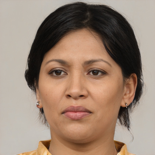 Joyful asian adult female with medium  brown hair and brown eyes