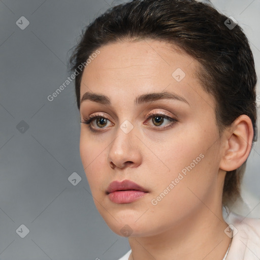 Neutral white young-adult female with short  brown hair and brown eyes