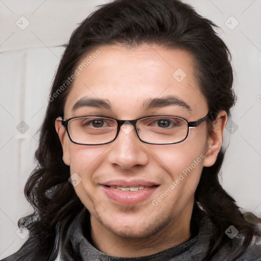 Joyful white young-adult male with medium  brown hair and brown eyes