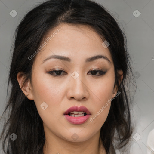 Joyful white young-adult female with long  brown hair and brown eyes