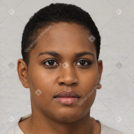 Neutral black young-adult female with short  brown hair and brown eyes