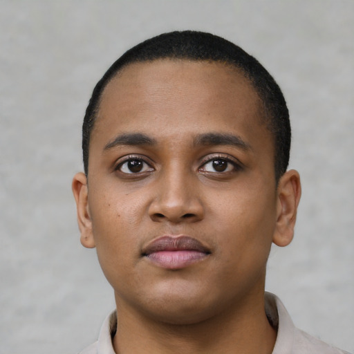 Neutral black young-adult male with short  black hair and brown eyes