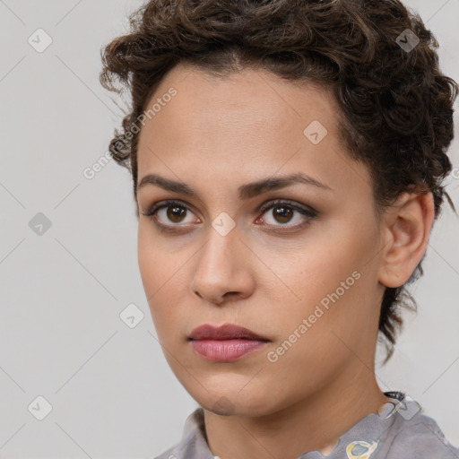 Neutral white young-adult female with short  brown hair and brown eyes