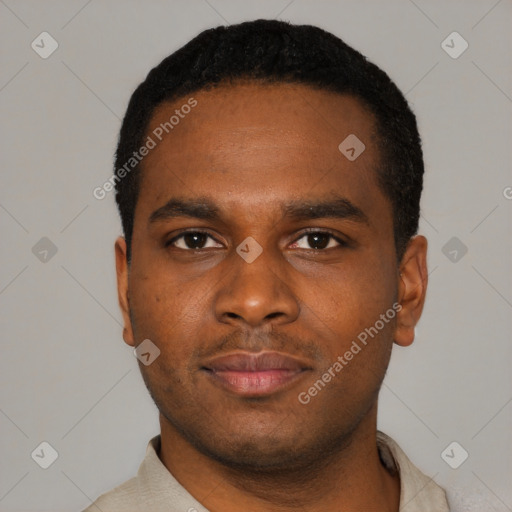 Neutral black young-adult male with short  black hair and brown eyes
