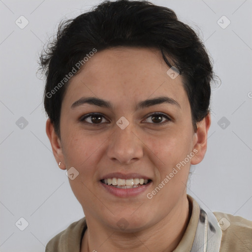 Joyful white young-adult female with short  brown hair and brown eyes