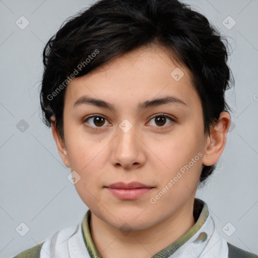 Neutral white young-adult female with medium  brown hair and brown eyes