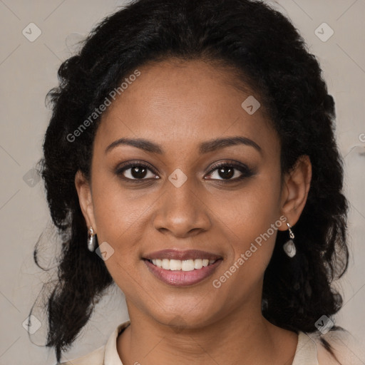 Joyful black young-adult female with medium  brown hair and brown eyes