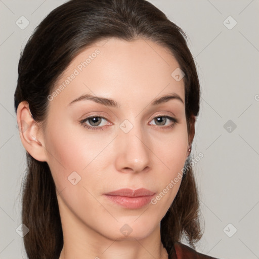 Neutral white young-adult female with medium  brown hair and grey eyes