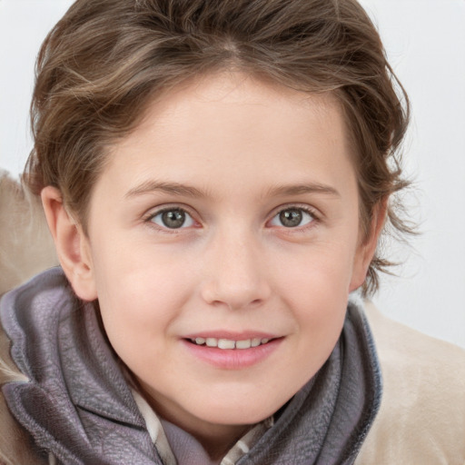 Joyful white child female with medium  brown hair and grey eyes