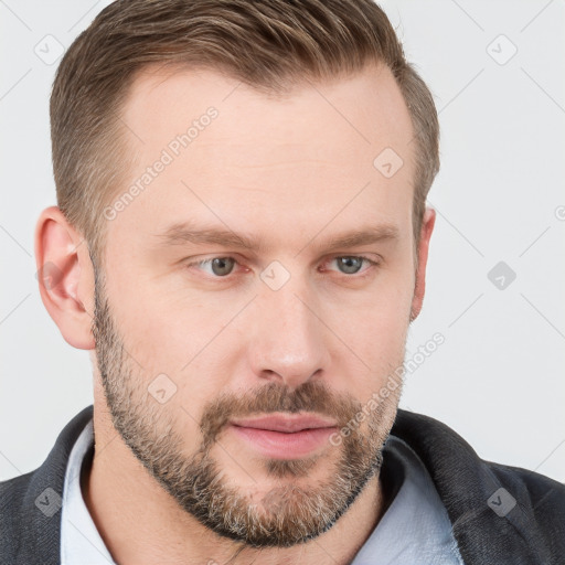 Neutral white young-adult male with short  brown hair and grey eyes