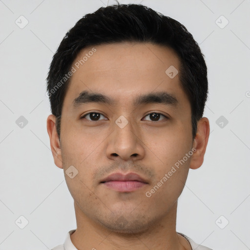 Neutral asian young-adult male with short  black hair and brown eyes