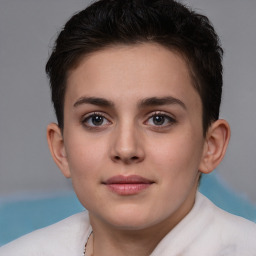 Neutral white young-adult female with short  brown hair and brown eyes