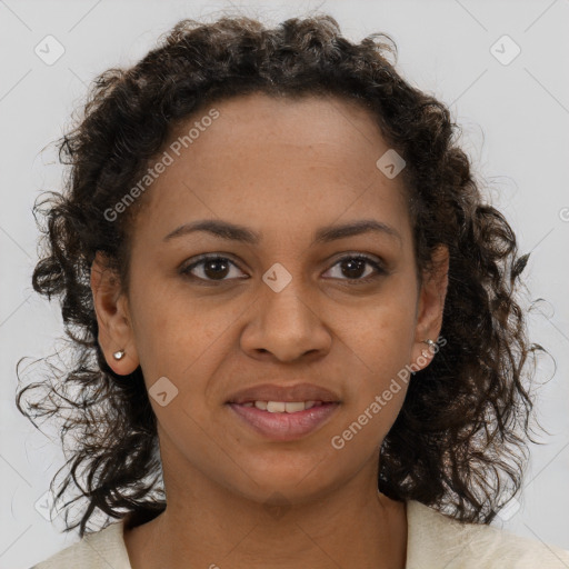 Joyful black young-adult female with medium  brown hair and brown eyes