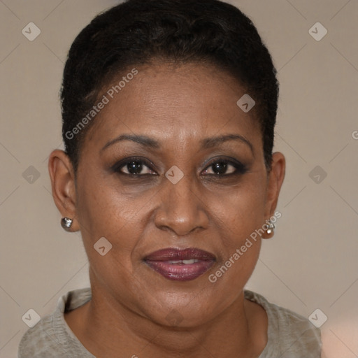 Joyful black adult female with short  brown hair and brown eyes