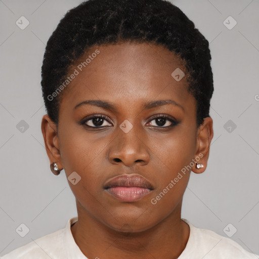 Neutral black young-adult female with short  brown hair and brown eyes