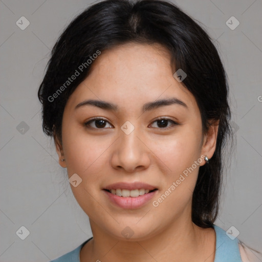 Joyful asian young-adult female with medium  brown hair and brown eyes