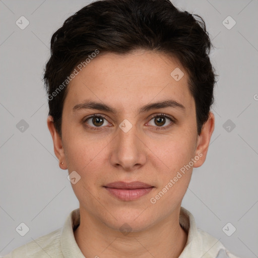 Joyful white young-adult female with short  brown hair and brown eyes