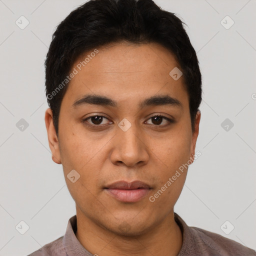 Neutral latino young-adult male with short  black hair and brown eyes