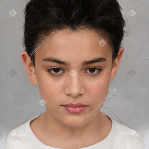 Joyful white child female with short  brown hair and brown eyes