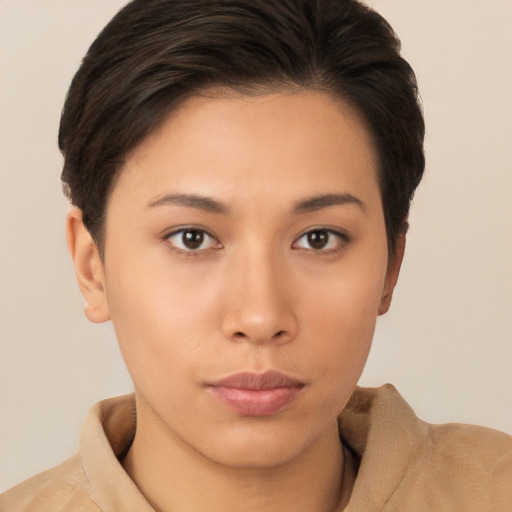 Neutral asian young-adult female with short  brown hair and brown eyes