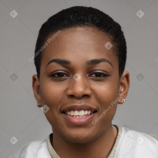 Joyful black young-adult female with short  black hair and brown eyes