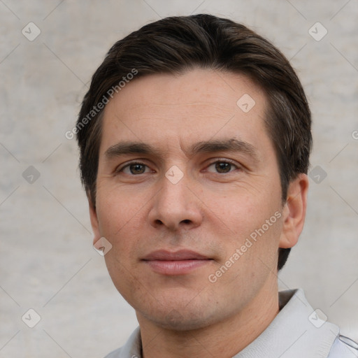 Neutral white young-adult male with short  brown hair and brown eyes