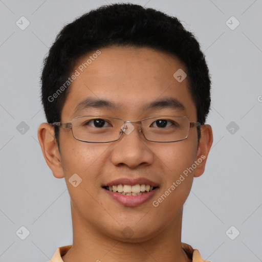 Joyful asian young-adult male with short  brown hair and brown eyes