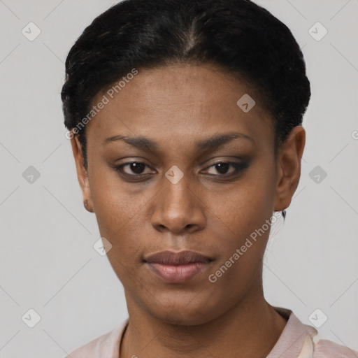 Neutral black young-adult female with short  black hair and brown eyes