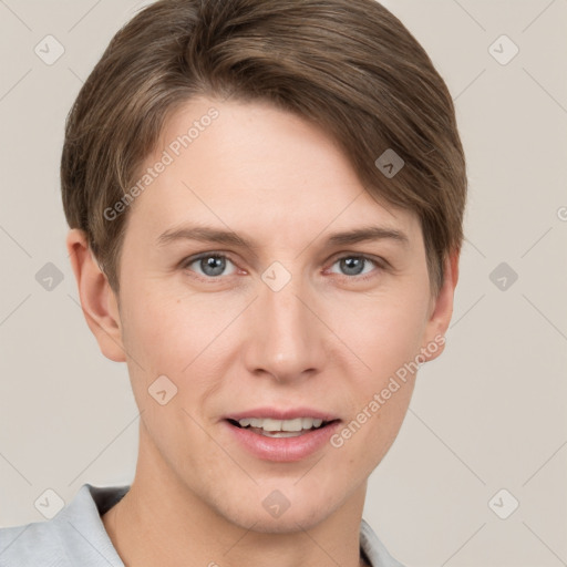 Joyful white young-adult female with short  brown hair and grey eyes