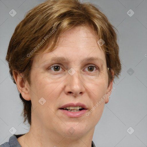 Joyful white adult female with medium  brown hair and blue eyes