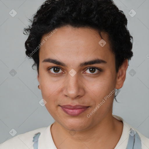 Joyful latino young-adult female with short  brown hair and brown eyes