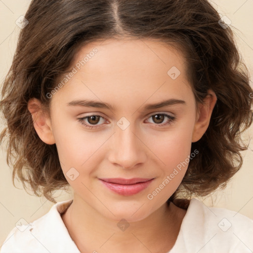 Joyful white child female with medium  brown hair and brown eyes