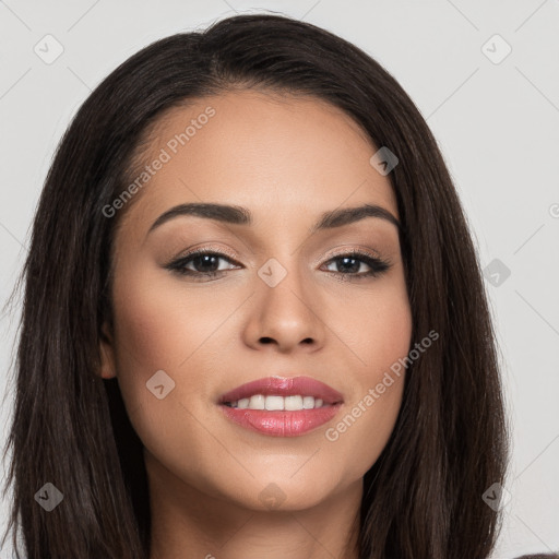 Joyful white young-adult female with long  brown hair and brown eyes