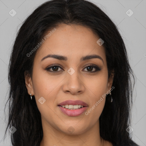 Joyful latino young-adult female with long  brown hair and brown eyes