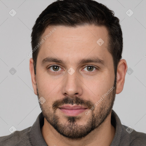 Neutral white young-adult male with short  brown hair and brown eyes