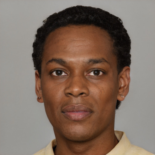 Neutral black young-adult male with short  black hair and brown eyes