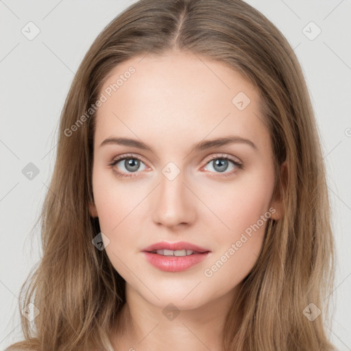 Neutral white young-adult female with long  brown hair and grey eyes