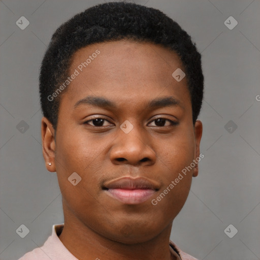 Joyful black young-adult male with short  brown hair and brown eyes