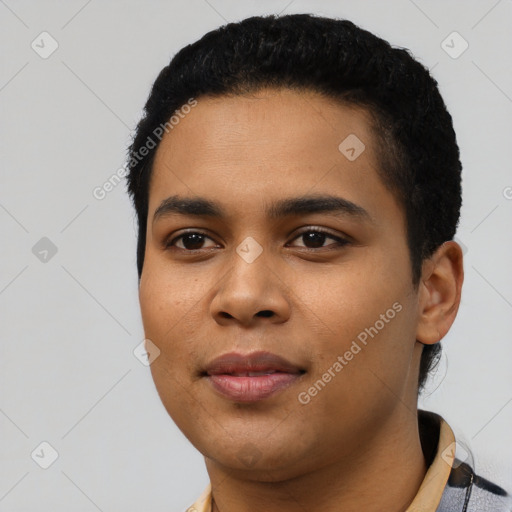 Joyful latino young-adult male with short  black hair and brown eyes