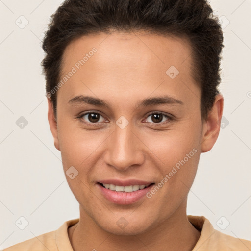 Joyful white young-adult female with short  brown hair and brown eyes