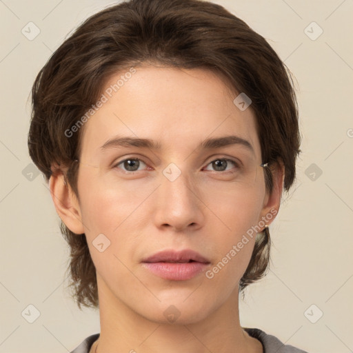 Neutral white young-adult female with medium  brown hair and brown eyes