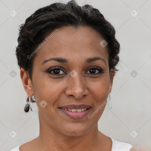 Joyful latino young-adult female with short  brown hair and brown eyes