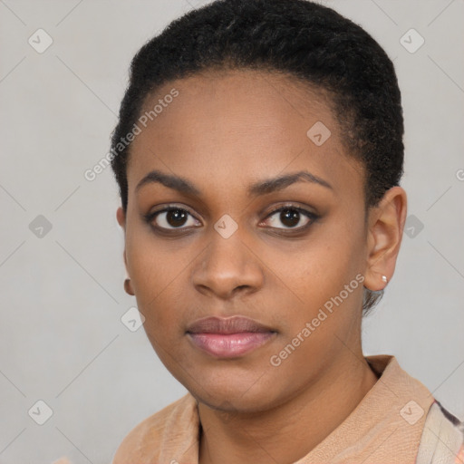 Neutral black young-adult female with short  black hair and brown eyes