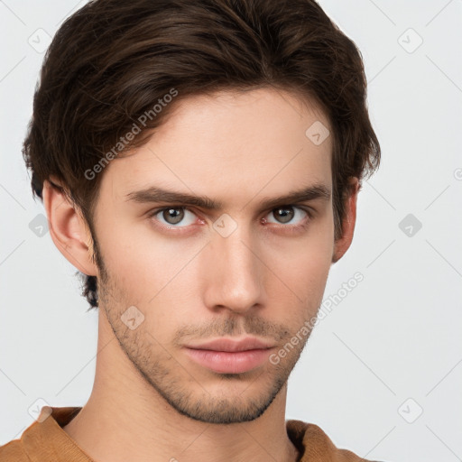 Neutral white young-adult male with short  brown hair and brown eyes