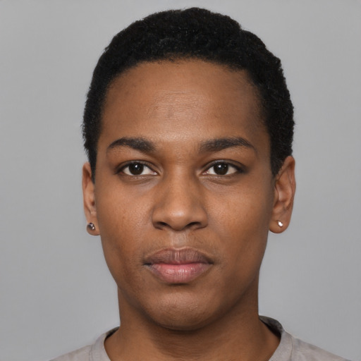 Neutral black young-adult male with short  black hair and brown eyes