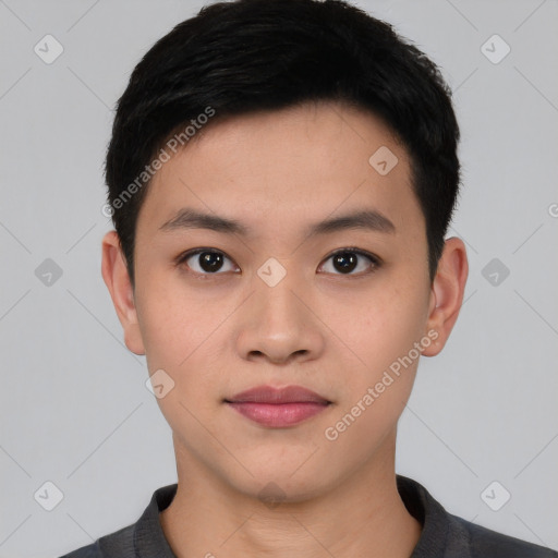 Neutral asian young-adult male with short  black hair and brown eyes