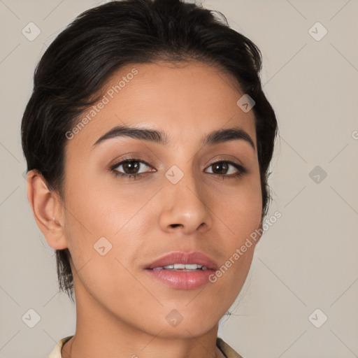 Joyful white young-adult female with short  brown hair and brown eyes