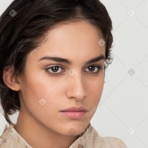 Neutral white young-adult female with medium  brown hair and brown eyes